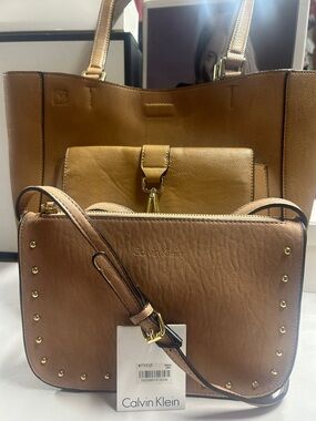 Calvin Klein Brown Leather Tote and Crossbody Bag Set